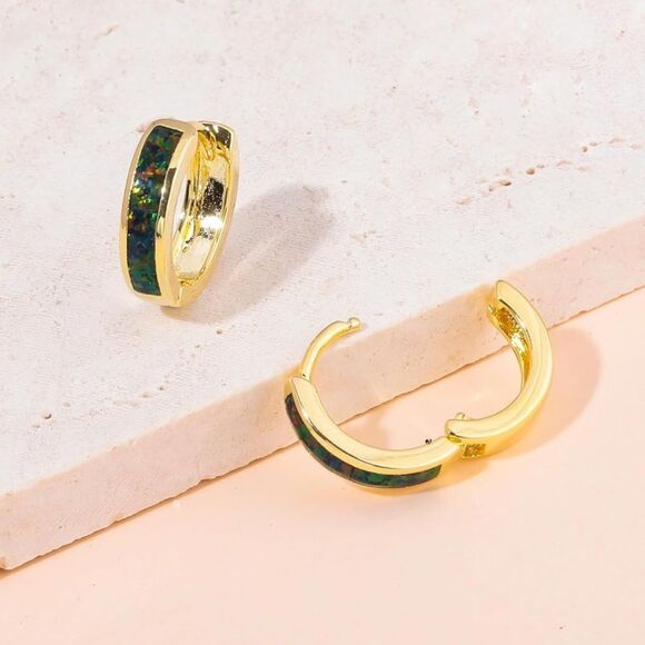 14K Yellow Gold with Genuine Green Black Fire Opal Huggie Hoop Hinge Earrings - Picture 3 of 4